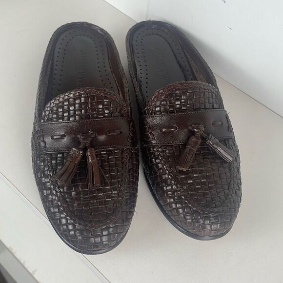 Woven Leather Tassel Mule Slide Slip On Backless Loafers Brown 7 - Picture 1 of 8